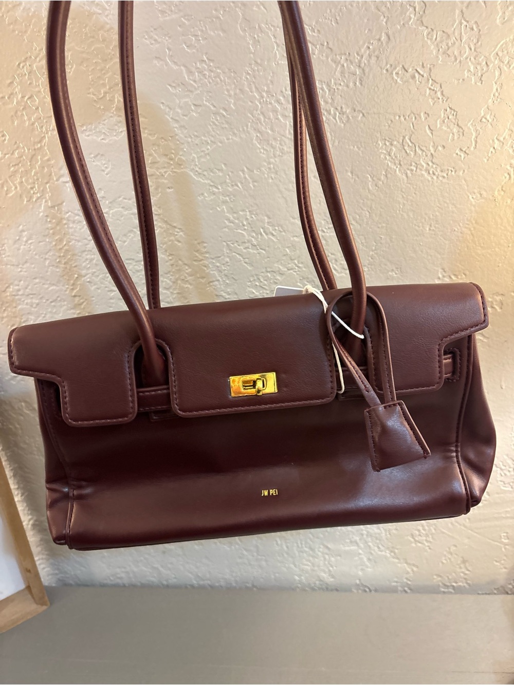 JW PEI Deep Brown Vegan Leather Shoulder Bag with Gold Accent